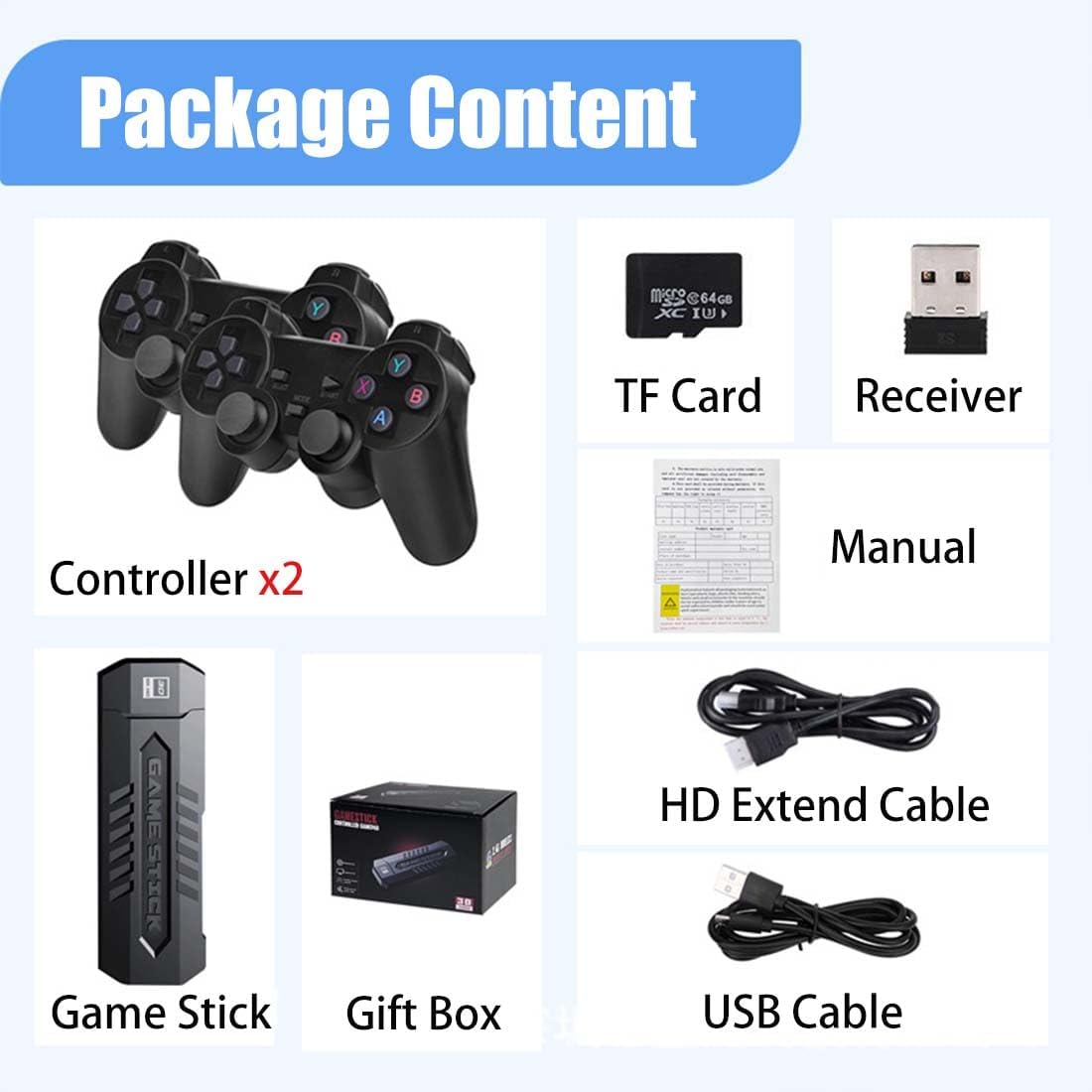 Diagram showing all components included in the X2 Pro Game Stick package