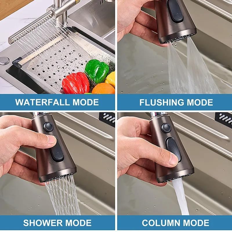 Image of Backline Brass Waterfall Kitchen Sink Hot & Cold Mixer Faucet 360 Rotatable Pull Out Kitchen Faucet Multi-Function Dual Spray Head Technology /Kitchen Sink Tap (Brushed Nickel)