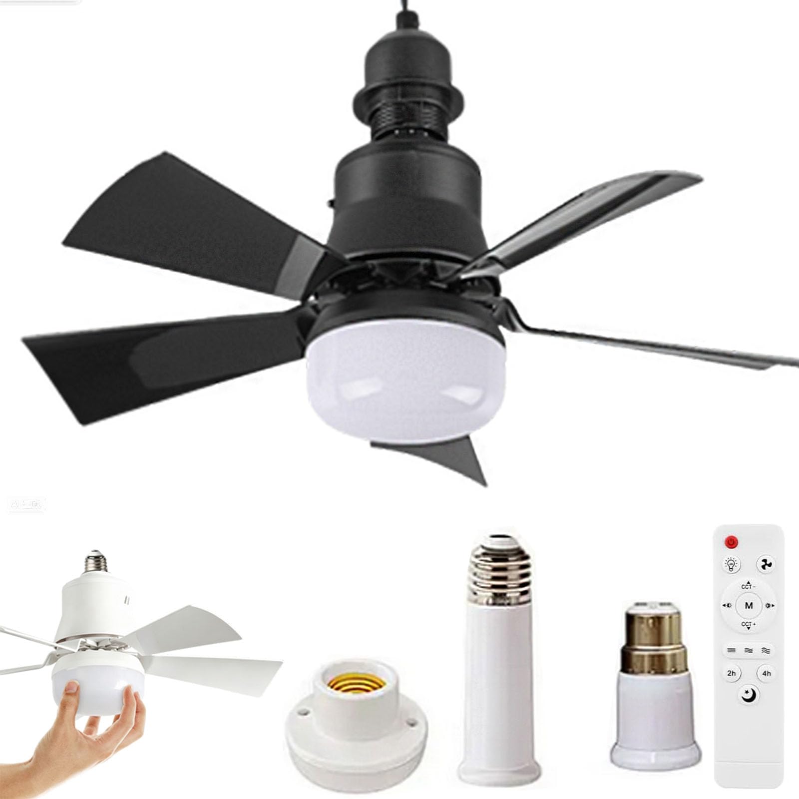 2-in-1 Socket Fan Light with Remote Control, 40W LED Ceiling Fan Light with Remote, 52cm Wide-Angle Airflow, 3-Color Adjustable Dimming, 2H/4H Timer,with B22 to E27 Adapter,Extension Rod,Base (black)