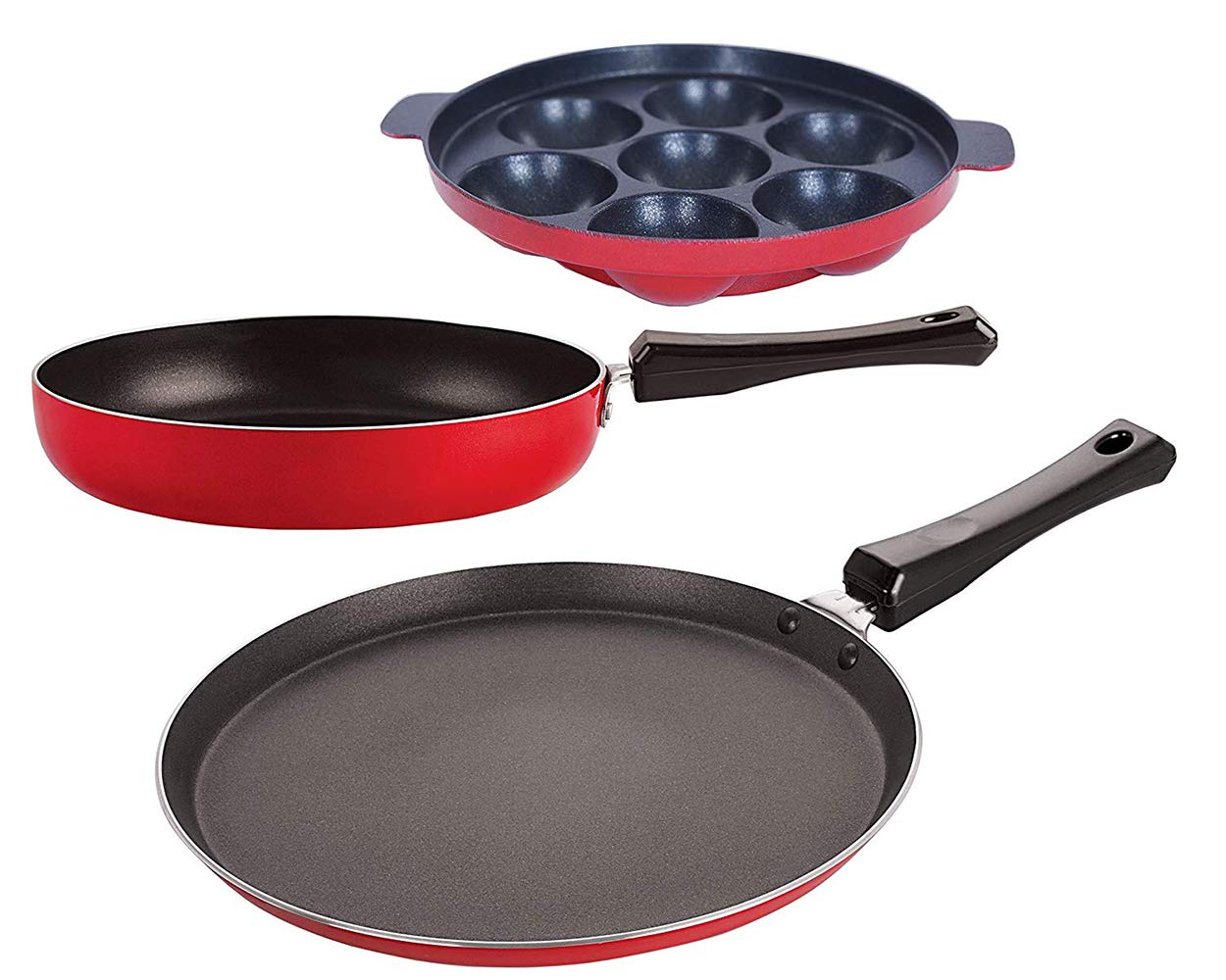 Nirlon Aluminum Base Fry Pan And Deep Kadai Cookware Set, Red/Black, 2.6 Mm