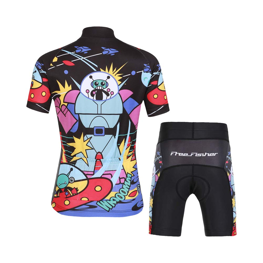 Kinder Jungen Radtrikot Set, Mädchen Radbekleidung Anzüge, Quick Dry Radsportanzug, Fahrradtrikot Kurzarm und 3D Sitzpolster Radhose, Außerirdischer Krieg, 122/128(Herstellergröße: L)