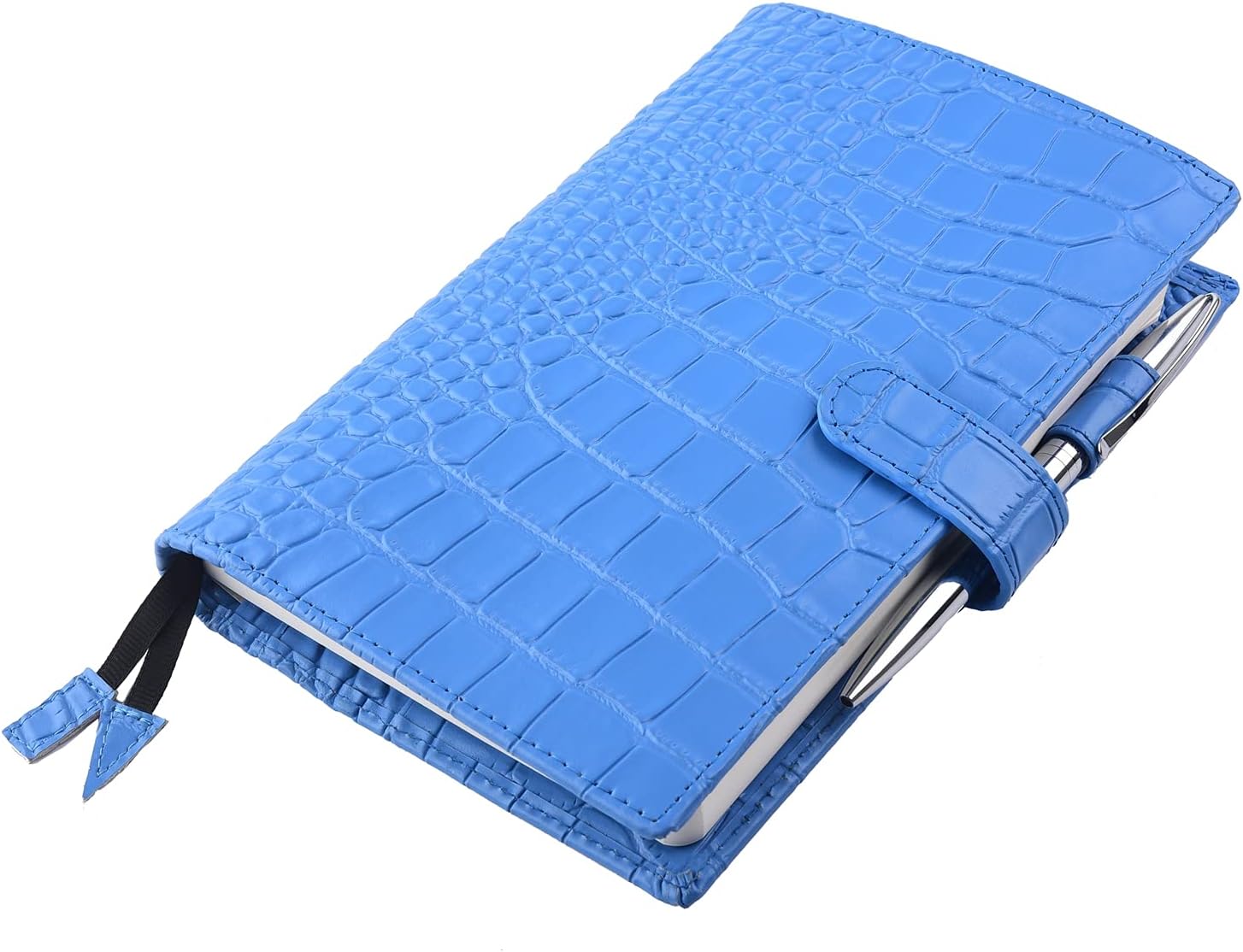 Genuine Leather b6 Planner Cover,Personal Organizer with Pen Loop,Card Slots,Zipper Pockets, Compatible with Most B6 size Planners notebooks (Croc-Blue)