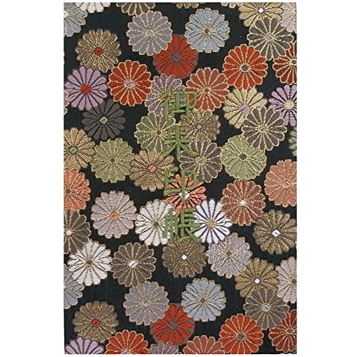 千糸繍院 御朱印帳L【黒菊爛漫】西陣織 金襴装丁/刺繍文字 蛇腹式48ページ 大判(苔色刺繍文字/白色本文)