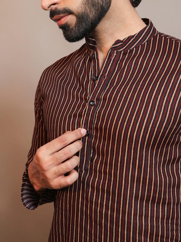 Image of Vastraa Fusion Men's Printed Kurta Pure Cotton Long Kurta, Round Collar, Full Sleeves, Button Kurta, Ethnic Wear