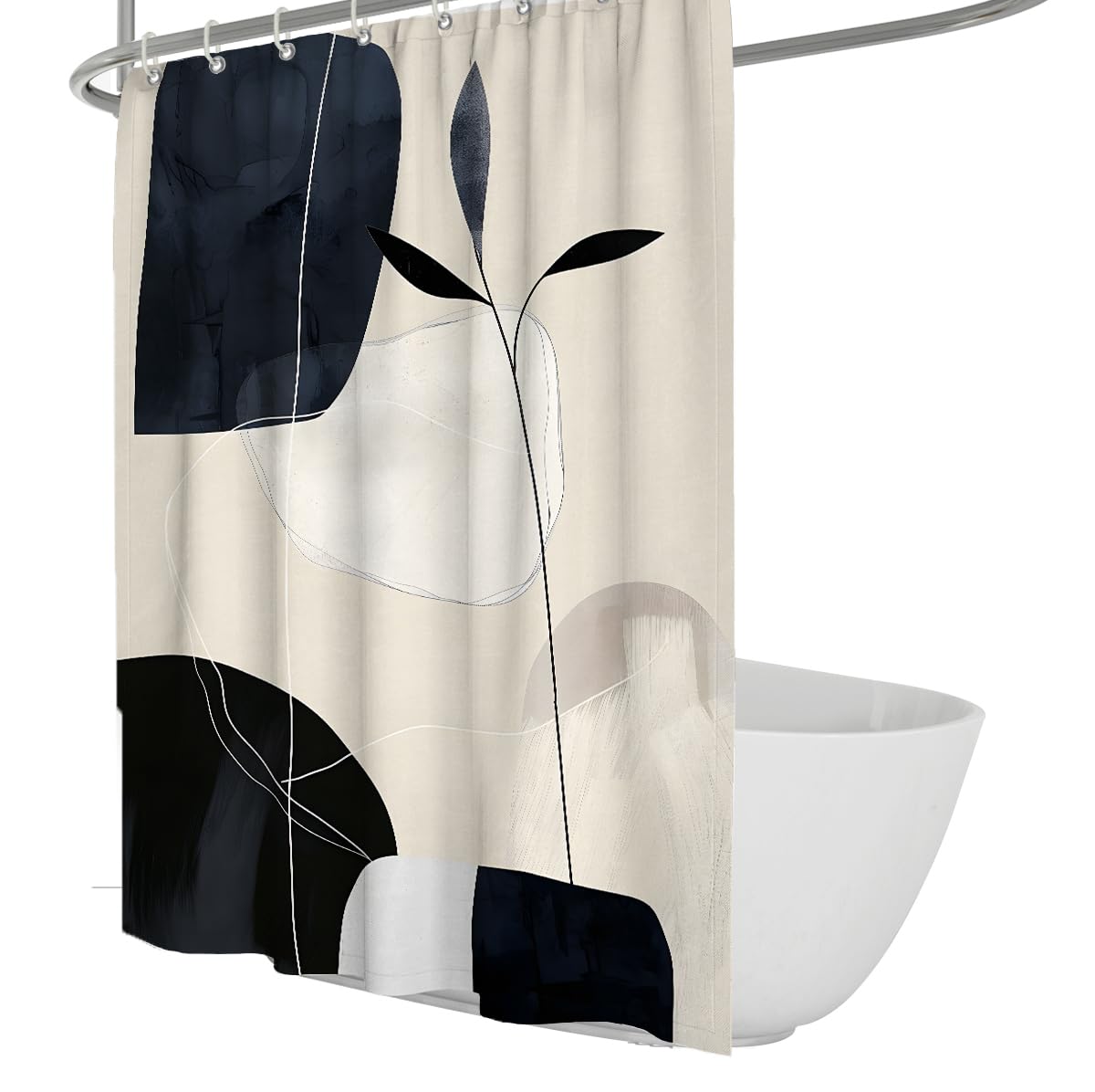 UIRINGART Botanical Shower Curtains W100xL200cm Abstract Geometric Black Leaf Branch Fluid Blob Line Art Print Easy To Clean Fabric Bathroom Bathtub Curtain