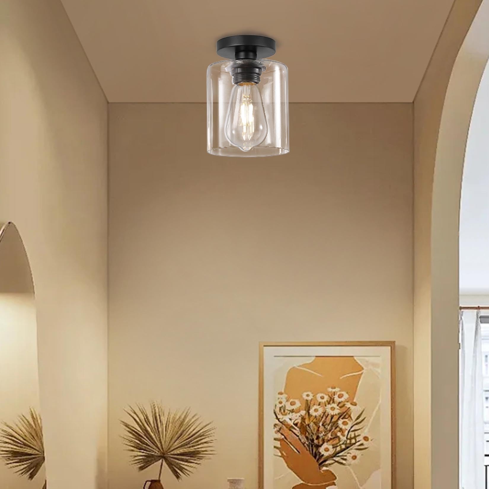 ROCUNSI Ceiling Glass Light Fixtures Chandelier Small Semi Flush Mount Ceiling Lighting Modern Black Chandelier for Kitchen Living Room Hallway Dining Room - Image 3