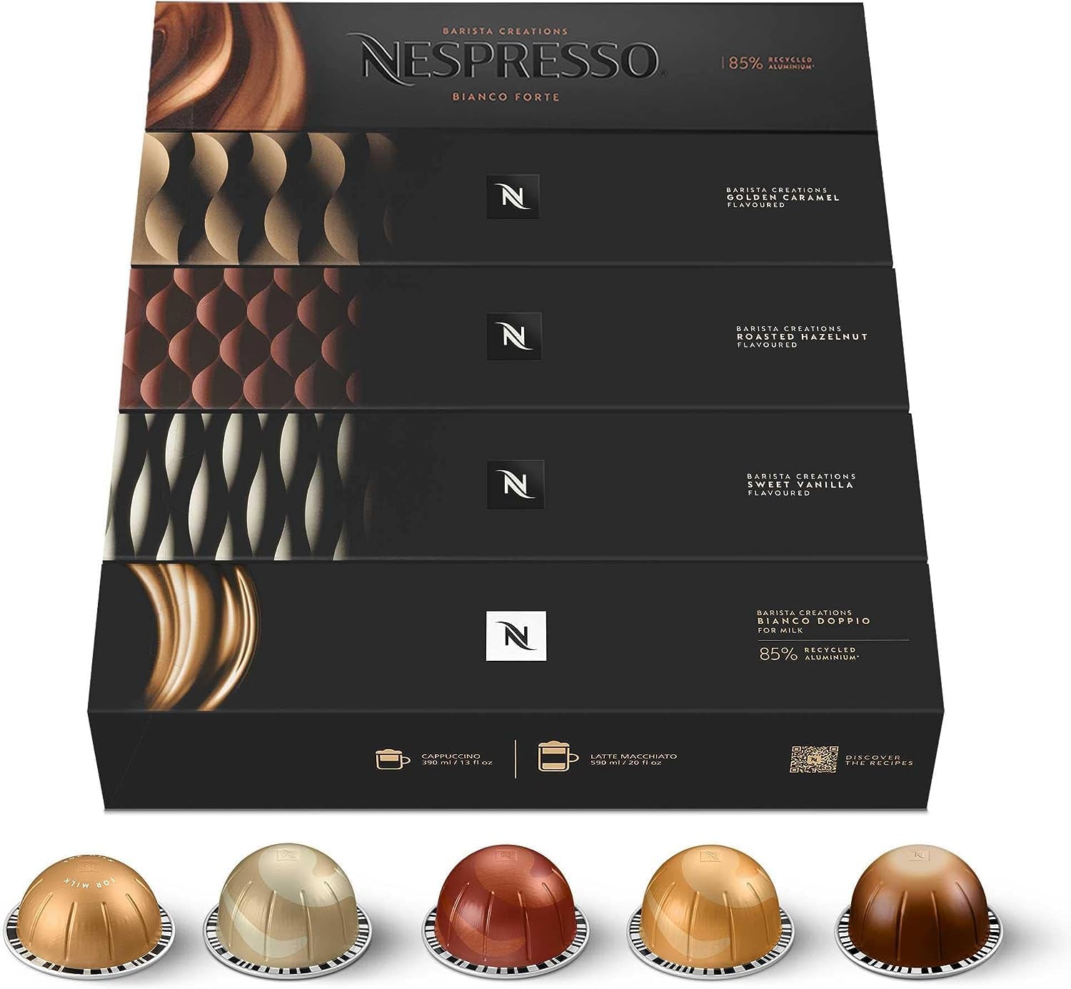 Vertuo Barista Creations Assortment of 50 Capsules - Vanilla Custard Pie, Caramel Cookie, Hazelino Muffin, Bianco Leggero, Bianco Forte (10x Each)
