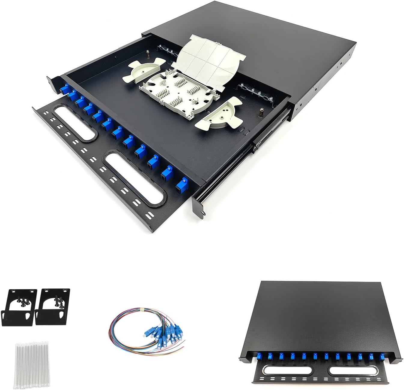 1 pack 12 Singlemode 12 Port SC-UPC Fiber Optic Rack Mount Enclosure Box with Pigtails & Couplers, 12 Core LGX Loaded Patch Panel Box ( Drawer Type Design ) fits for 19" Racks Cabinet