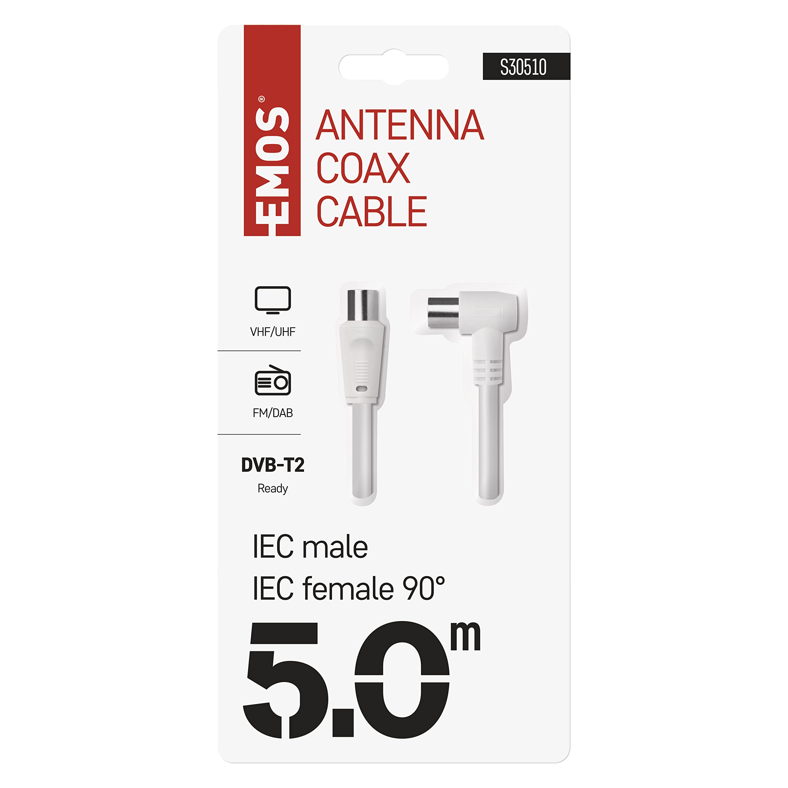 EMOS Câble d'antenne, câble coaxial, câble TV, 5 m, câble coaxial pour TV numérique, récepteur, SAT, double blindage, coaxial, droit mâle vers femelle coaxiale coudée (90 °)
