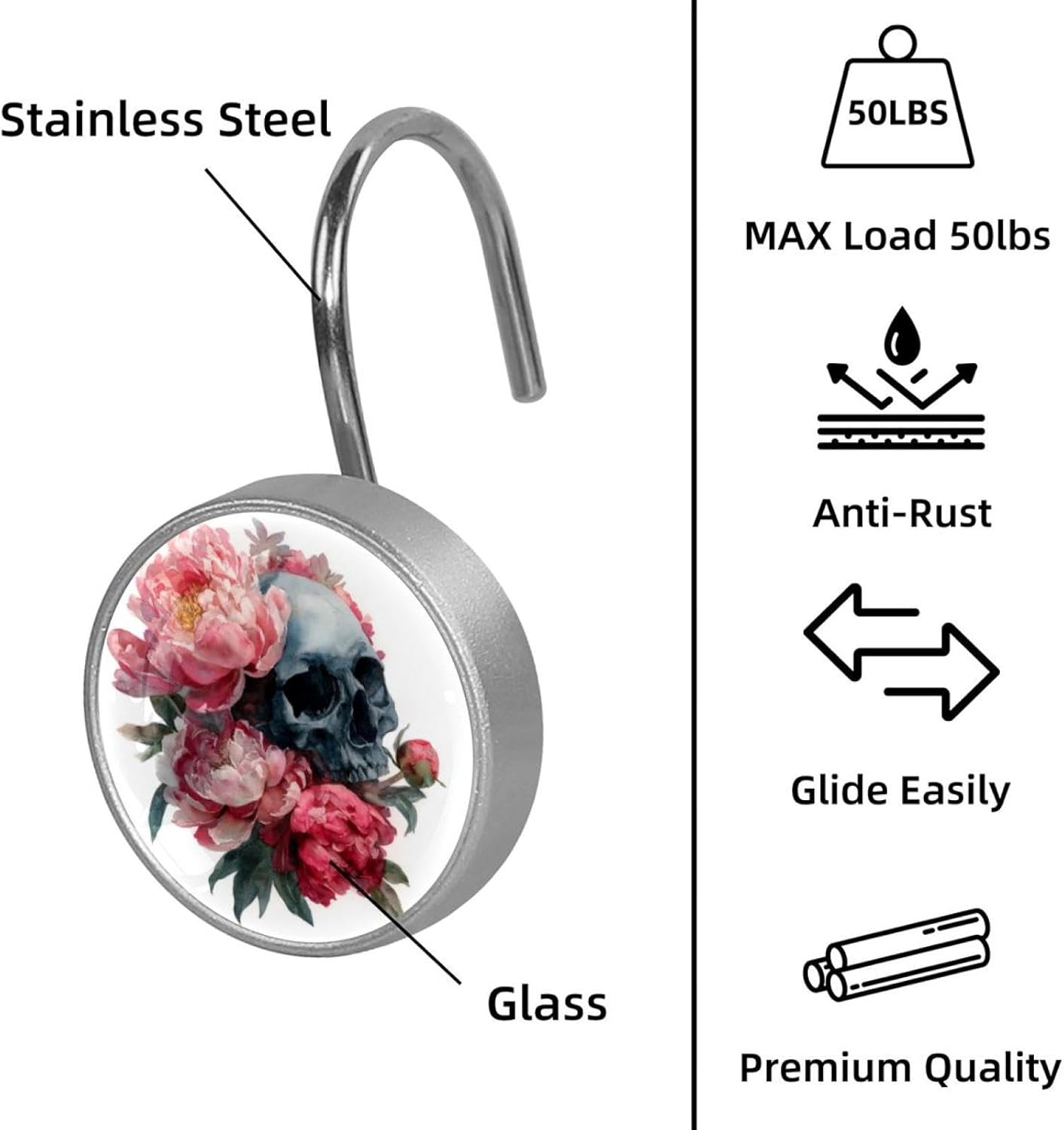 Set of 12 Watercolor Skull and Peonies Flowers (7) Shower Curtain Hooks, Stainless Steel Rust-Resistant Decorative Hanger Rings