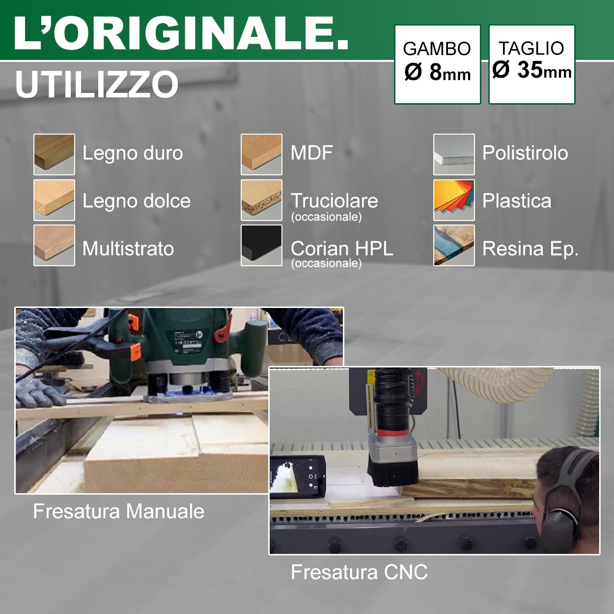 Fraiser Tornado - fresa per spianare legno diametro 35 mm, gambo 8 mm, con 3 inserti intercambiabili in metallo duro 10.5 mm, per livellare, bordi e scanalature - per CNC e fresatrice verticale
