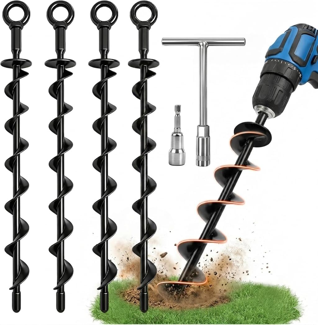 Ground Anchors Heavy Duty, 15in Steel Spiral Trampoline Stakes,4 Pack, Easy Install for Hard Soil, Ground Stakes Tie Down Kit for Trampoline, Shed, Tent, Swing Set, Canopy, High Wind Outdoor Security