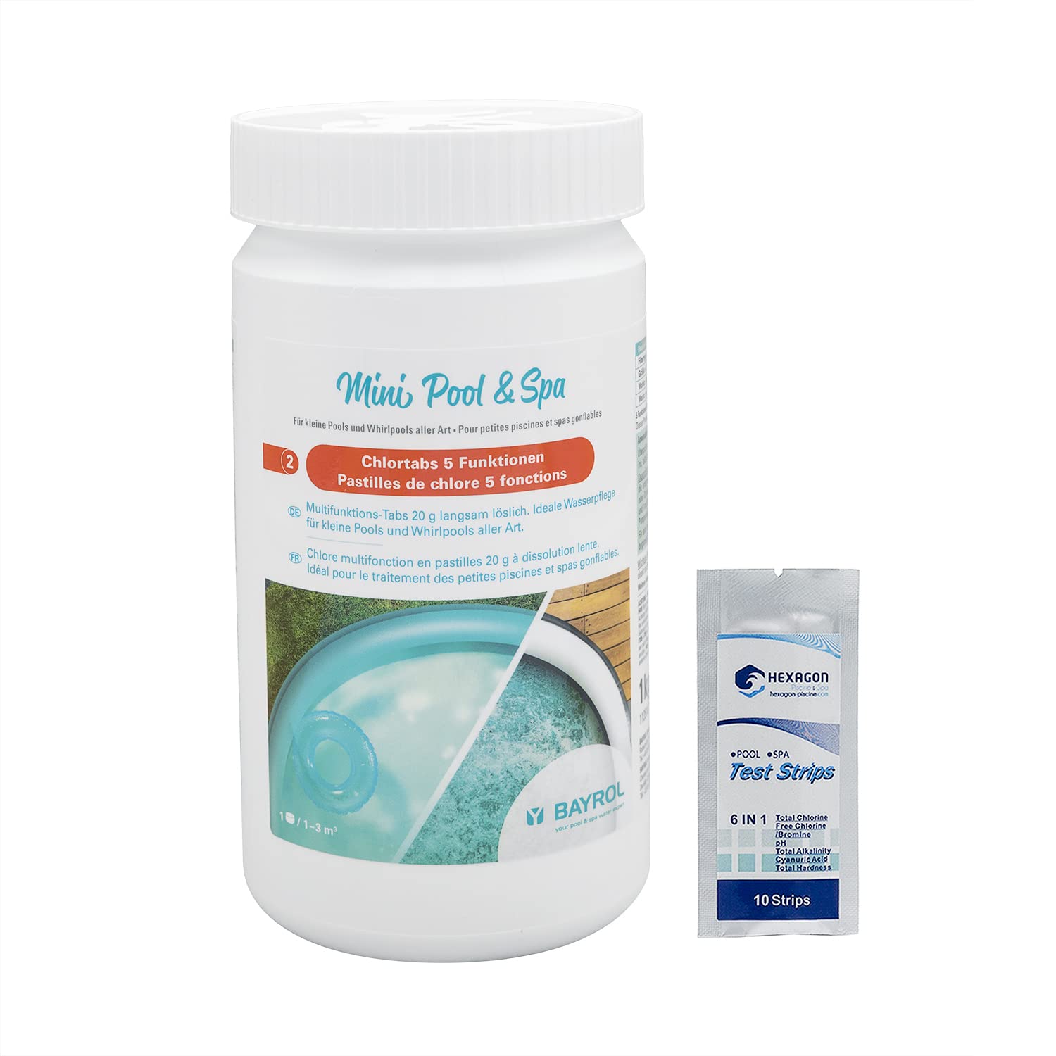 BAYROL Mini Pool & Spa CHLORE 5 FONCTIONS Pastilles 20g - 1kg | Chlore Lent Stabilisé Multiaction - Désinfection Régulière Multifonction - Petite Piscine, Hors-Sol, Spa Gonflable + 10 Tests HPS OFFERT