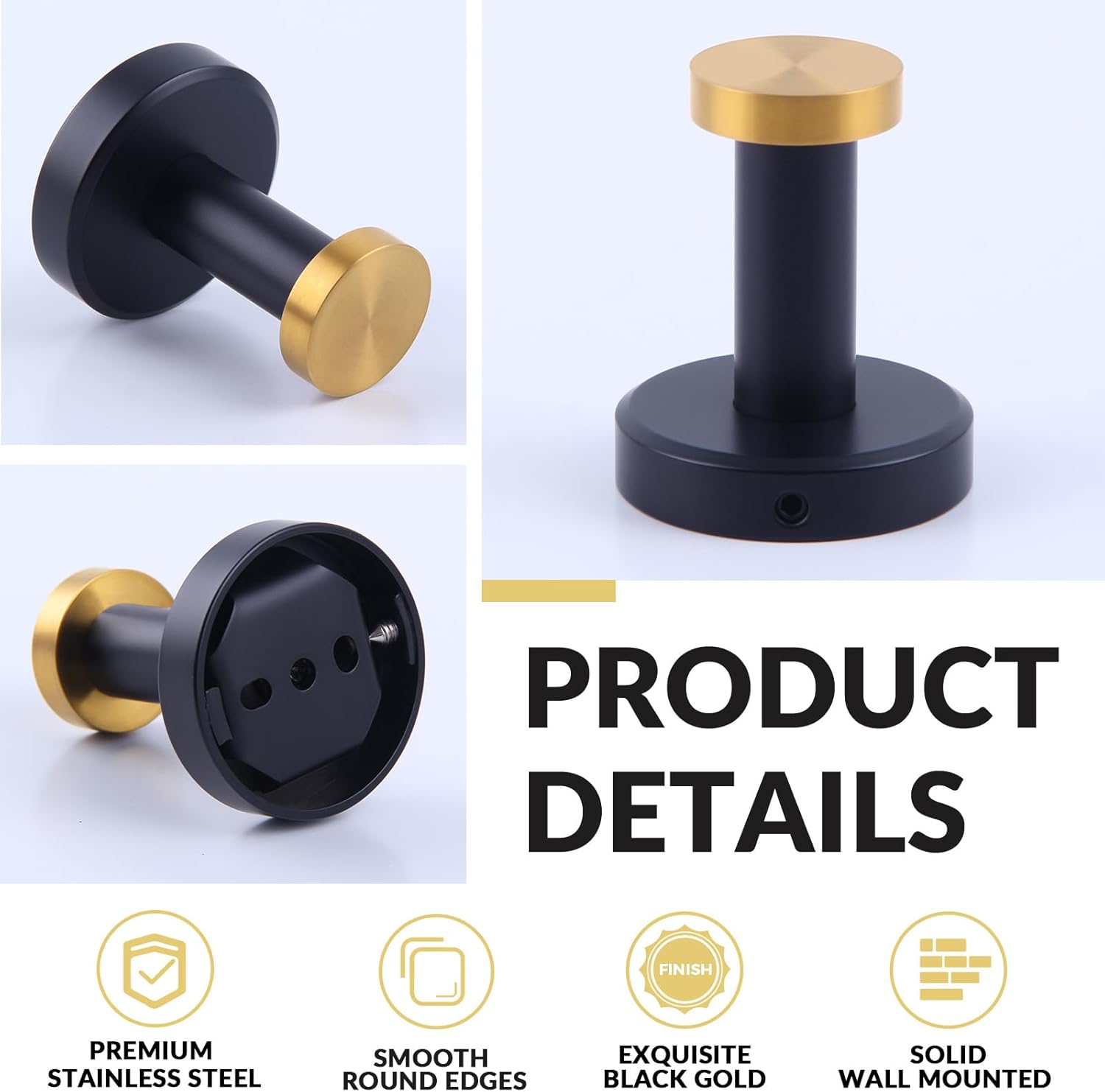 APLusee Black Gold Robe Towel Hook, Stainless Steel Coat Hanger, Clothes Holder for Bath Toilet Accessories, Wall Mounted