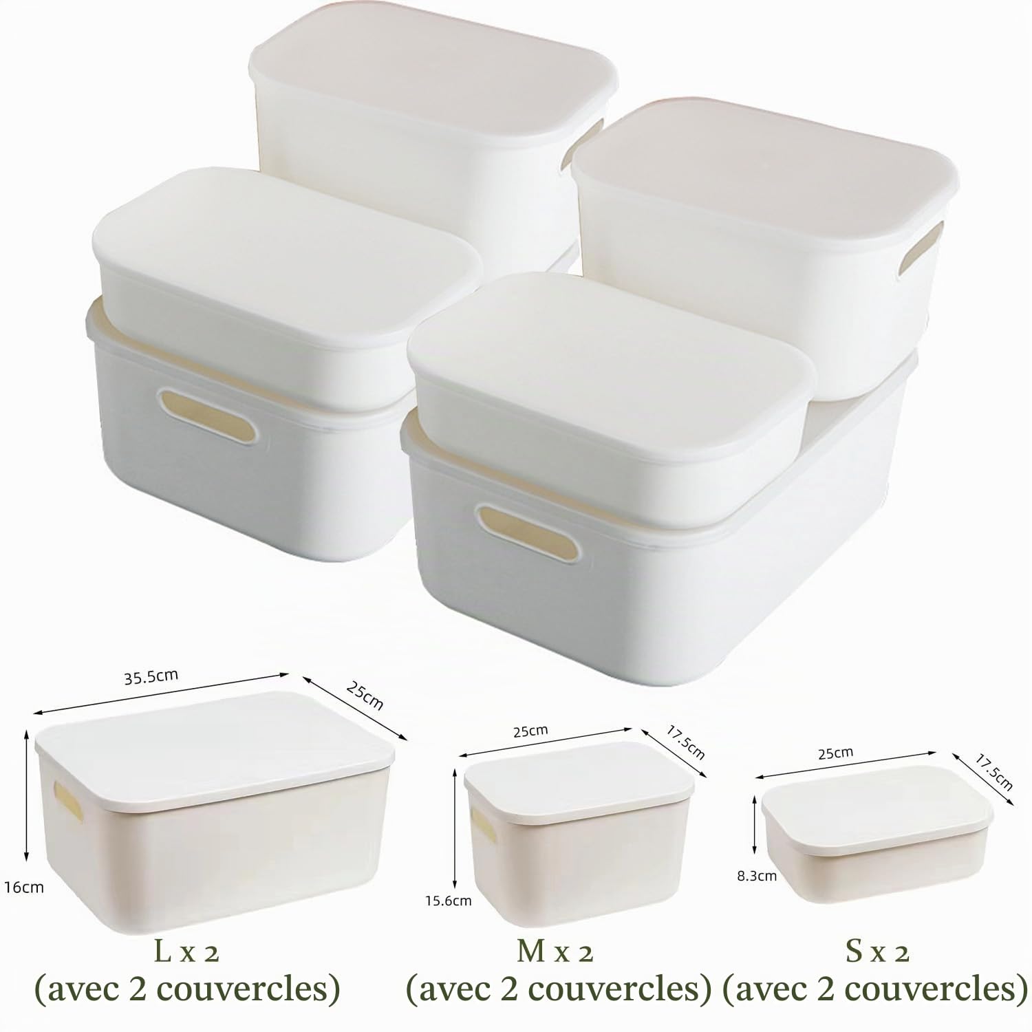 Boîte de rangement avec couvercle, 6 pièces boîtes en plastique avec poignée, paniers de rangement polyvalents, boîtes de rangement pour cuisine, salle de bain, bureau étagère (6 pièces : 2S