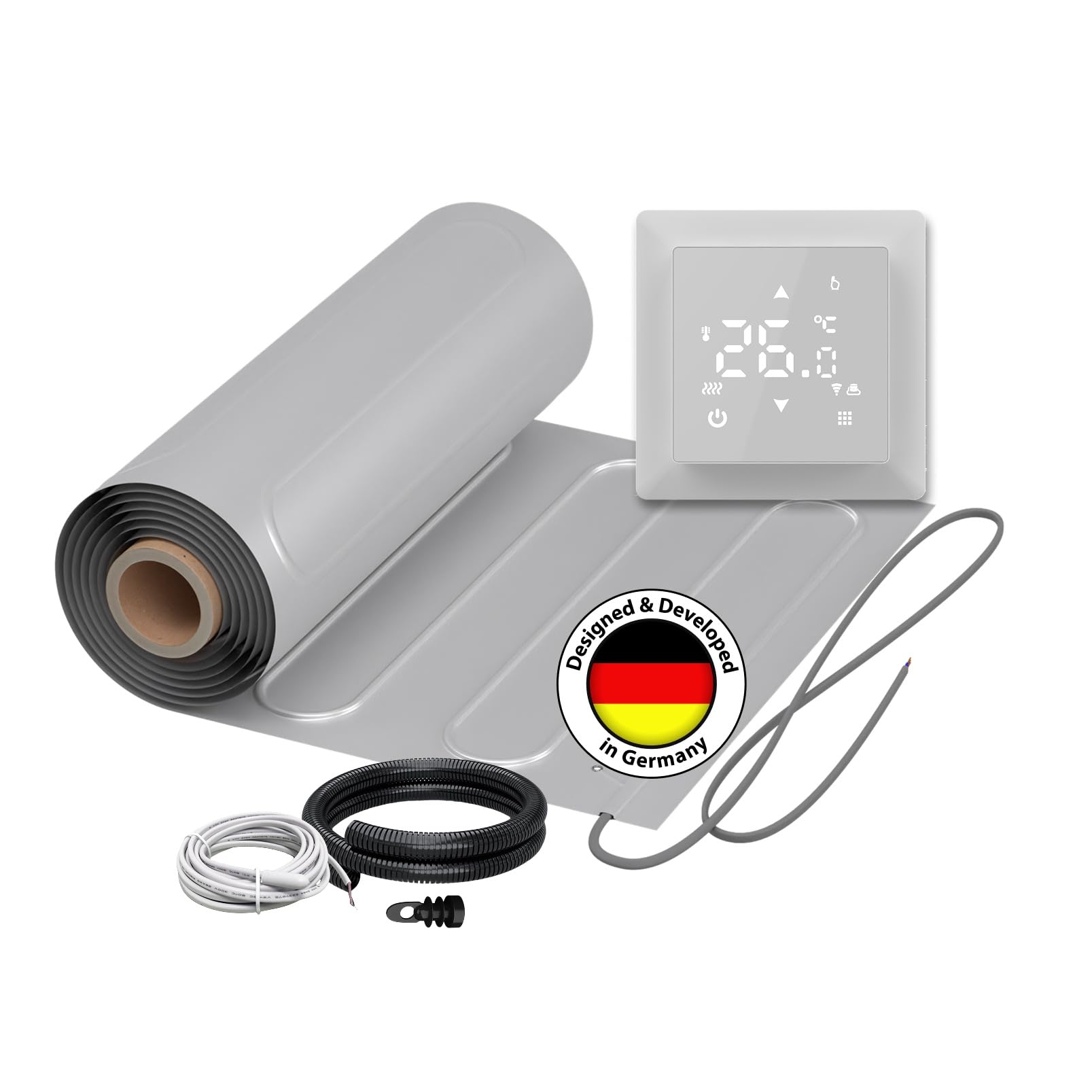 Elektrische Fußbodenheizung: Zweiader-Heizmatte mit Aluminiumfolie WARMON ALU 150 W/m² mit Thermostat TS 100 Serie, Thermostat:TS100 WiFi Weiß, Mattengröße:1,5 m²