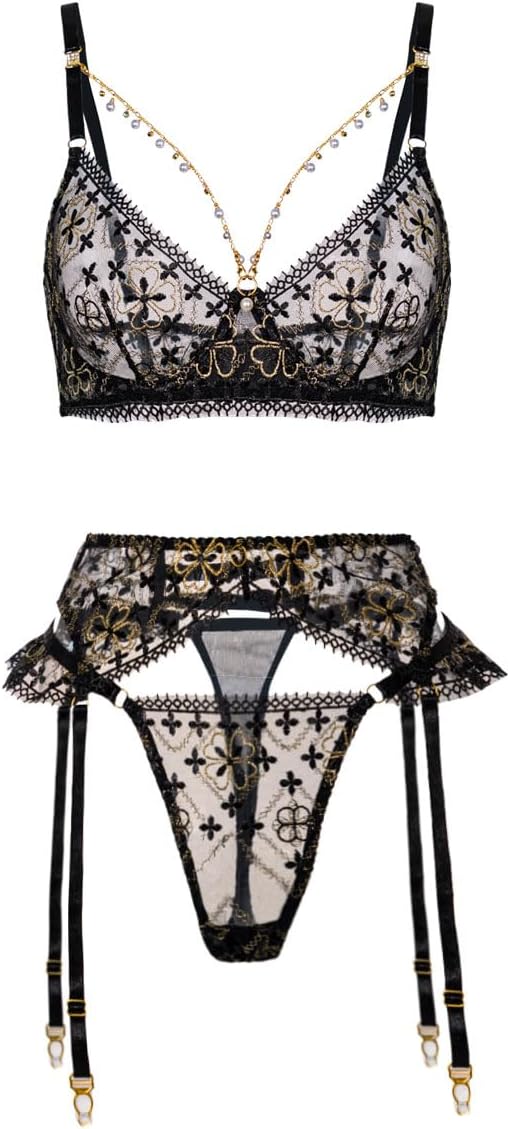 Sexy Lingerie Set for Women,Lace Womens Lingeries flower Chain Lingerie 3 Piece with Garter Belt - Image 5