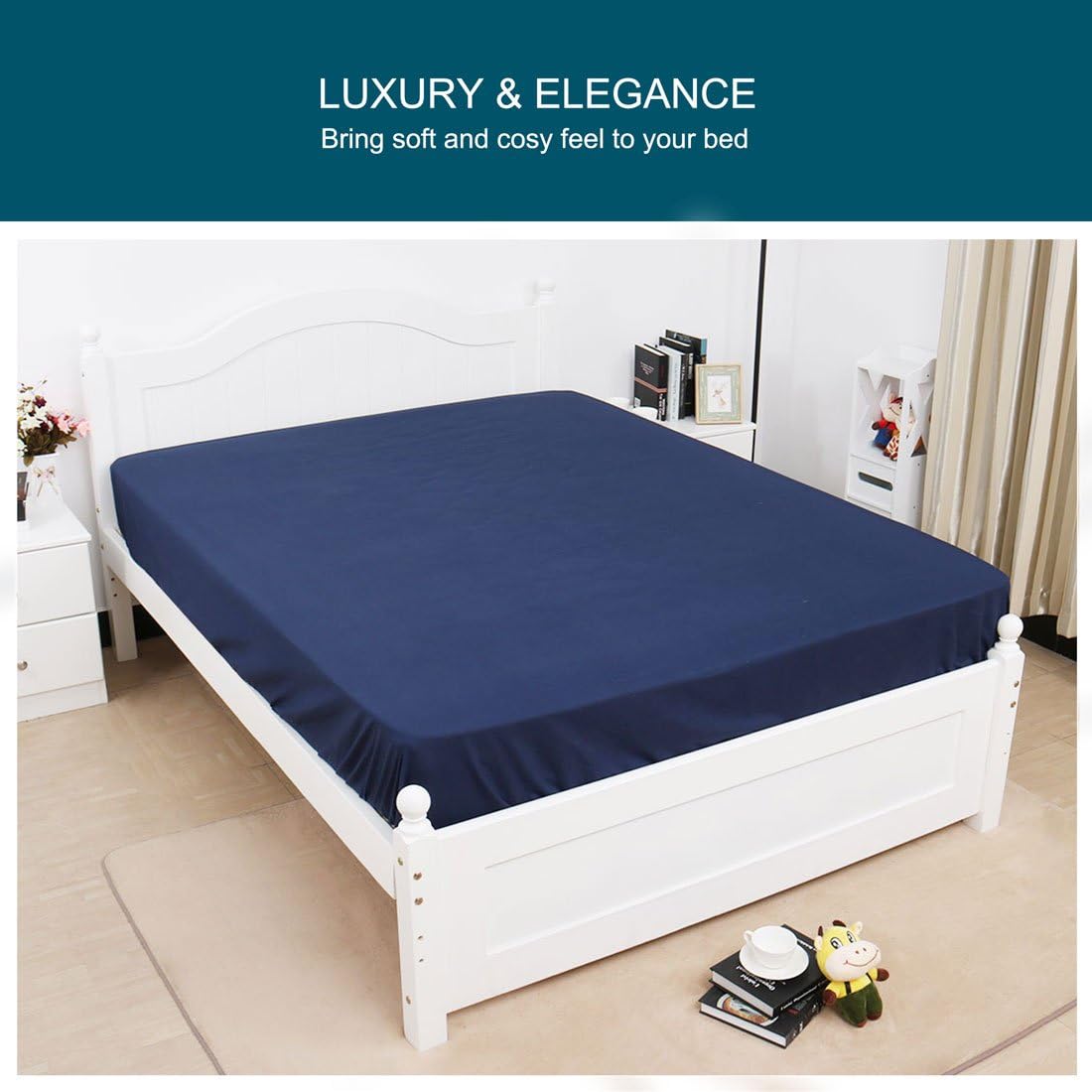uxcell Fitted Sheet Only, 200 Thread Count 100% Cotton Fitted Bed Sheet with 15" Large Pocket - Breathable Durable Bottom Sheet Navy Blue Queen(79" x 59"/203 x 152cm)
