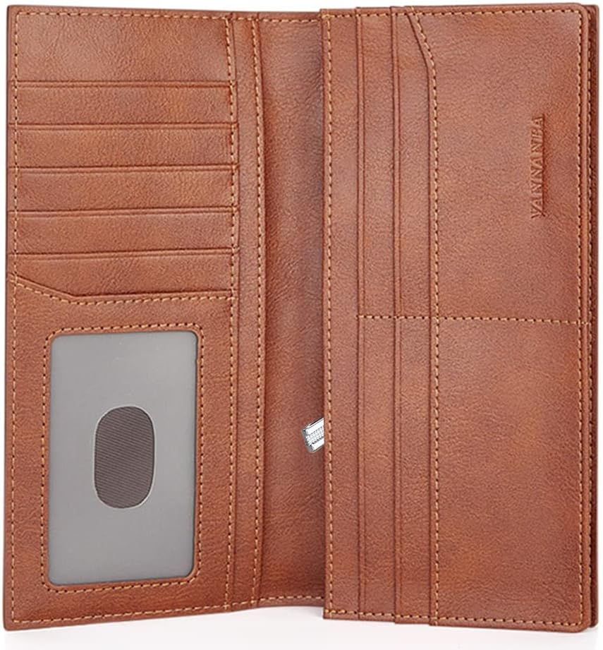 VANNANBA Mens Bifold Long Wallet RFID Blocking Checkbook Wallets,Italian Leather Slim Card Holder for Men with Gift Box(Dark Brown)