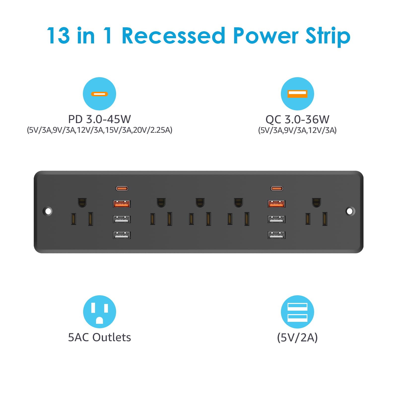 HHSOET - Regleta de alimentación de carga rápida de 45 W, enchufe de muebles 13 en 1 con USB, enchufe de protección contra sobretensiones montado al ras para conferencias con 5 enchufes de CA, 6