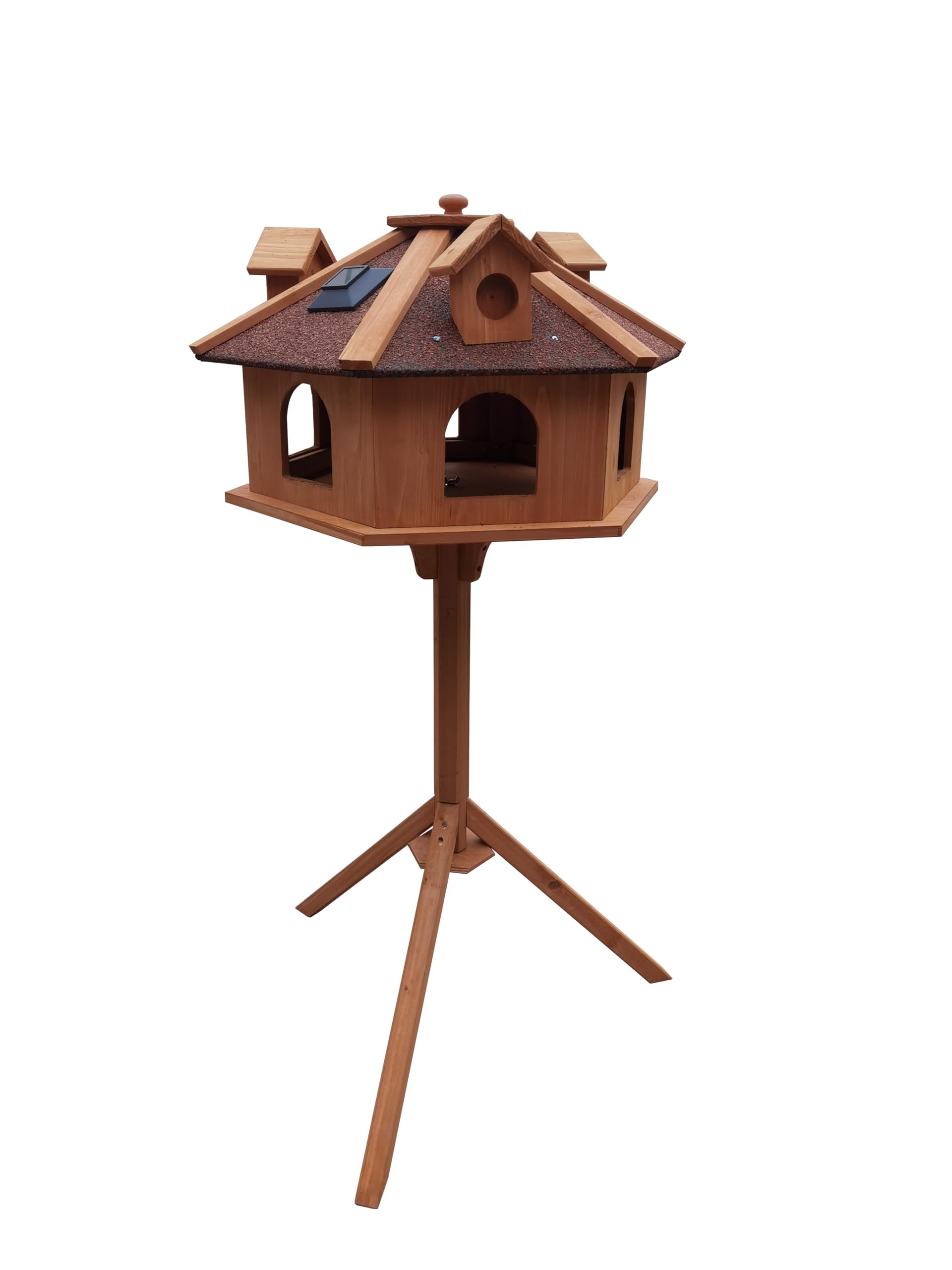 XXL Premium Solar Vogelhaus Mit Beleuchtung & Ständer – 135 Cm Hoch, Sechseckig, 3 Gauben, Dunkles Dach