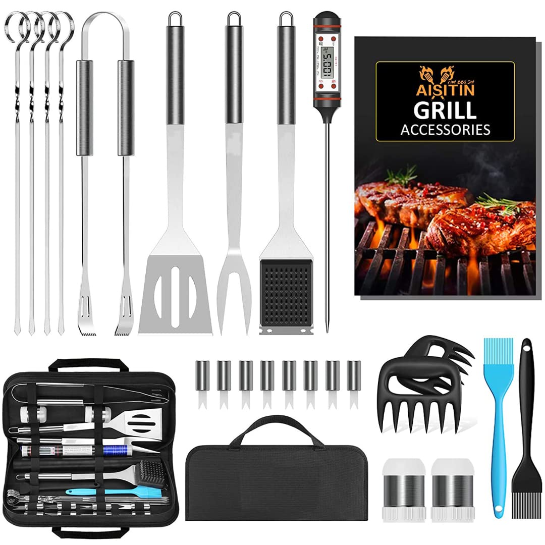 25PCS akcesoria do grilla, zestaw narzędzi do grillowania ze stali nierdzewnej do kempingu, kuchni, z torbą i matą do grilla, przenośne naczynia do grillowania dla mężczyzn i kobiet prezent