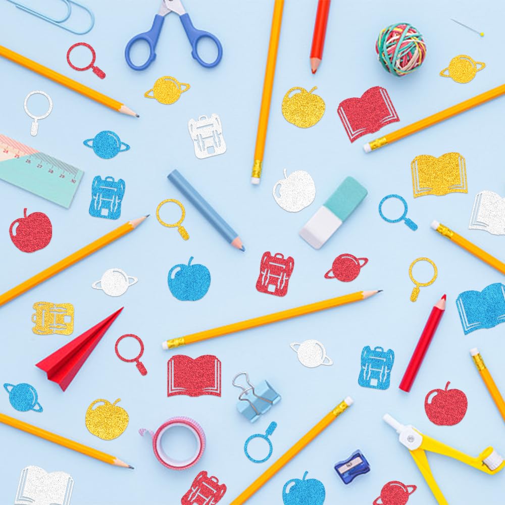 200 Stück Back to School Konfetti Blau Rot Gold Silber Bücher Apfel Rucksack Konfetti Schule Thema Dekor Papier Konfetti für Schulanfang Lehrer Wertschätzung Geschenke Tisch Favor Dekorationen