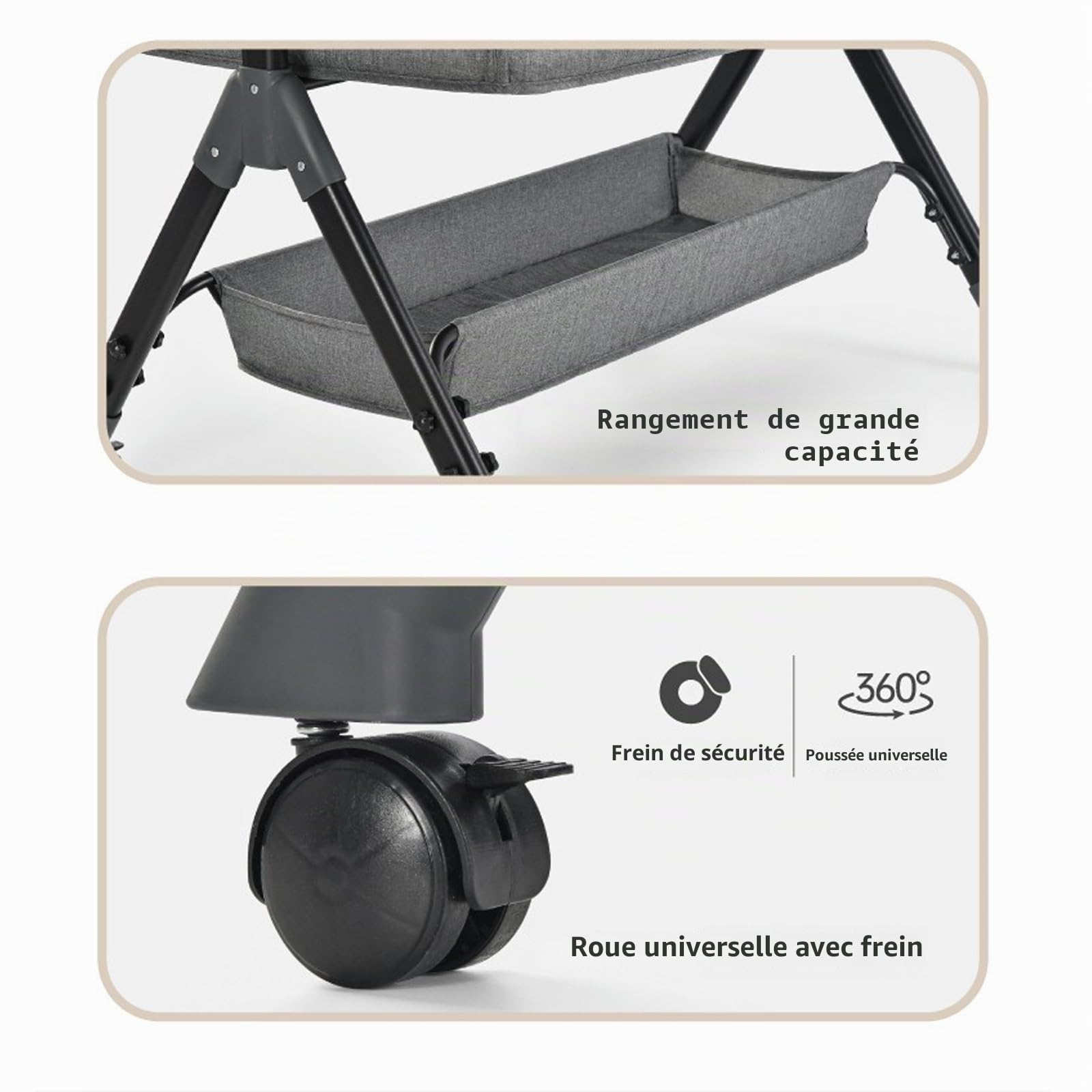 Lit de Voyage Pliable 3 en 1, Berceau à Bascule pour Bébé, Lit Nouveau-né, avec Table à Langer, Moustiquaire, Panier de Rangement, Matelas, 4 roues, pour Bébé de 0 à 24 Mois (KHAKI)