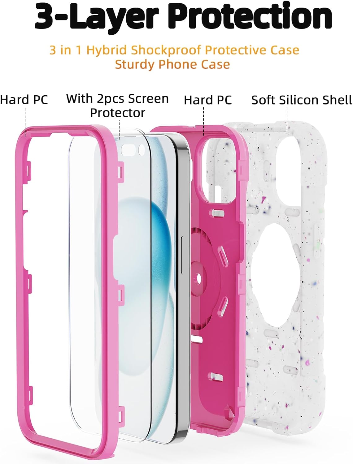 KCJ Compatible with iPhone 15 Plus Case/iPhone 14 Plus Case with[2×Screen Protectors+1xLens Protector] Soft Silicone+Hard PC Full Body Protection Heavy Duty Phone Case 6.7 inch