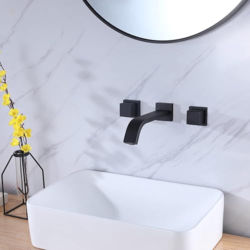 Miniatura 2 de RBROHANT Grifo de pared negro mate, grifo de fregadero de baño de latón para montaje en pared, grifo de fregadero negro montado en la pared, 2 asas,