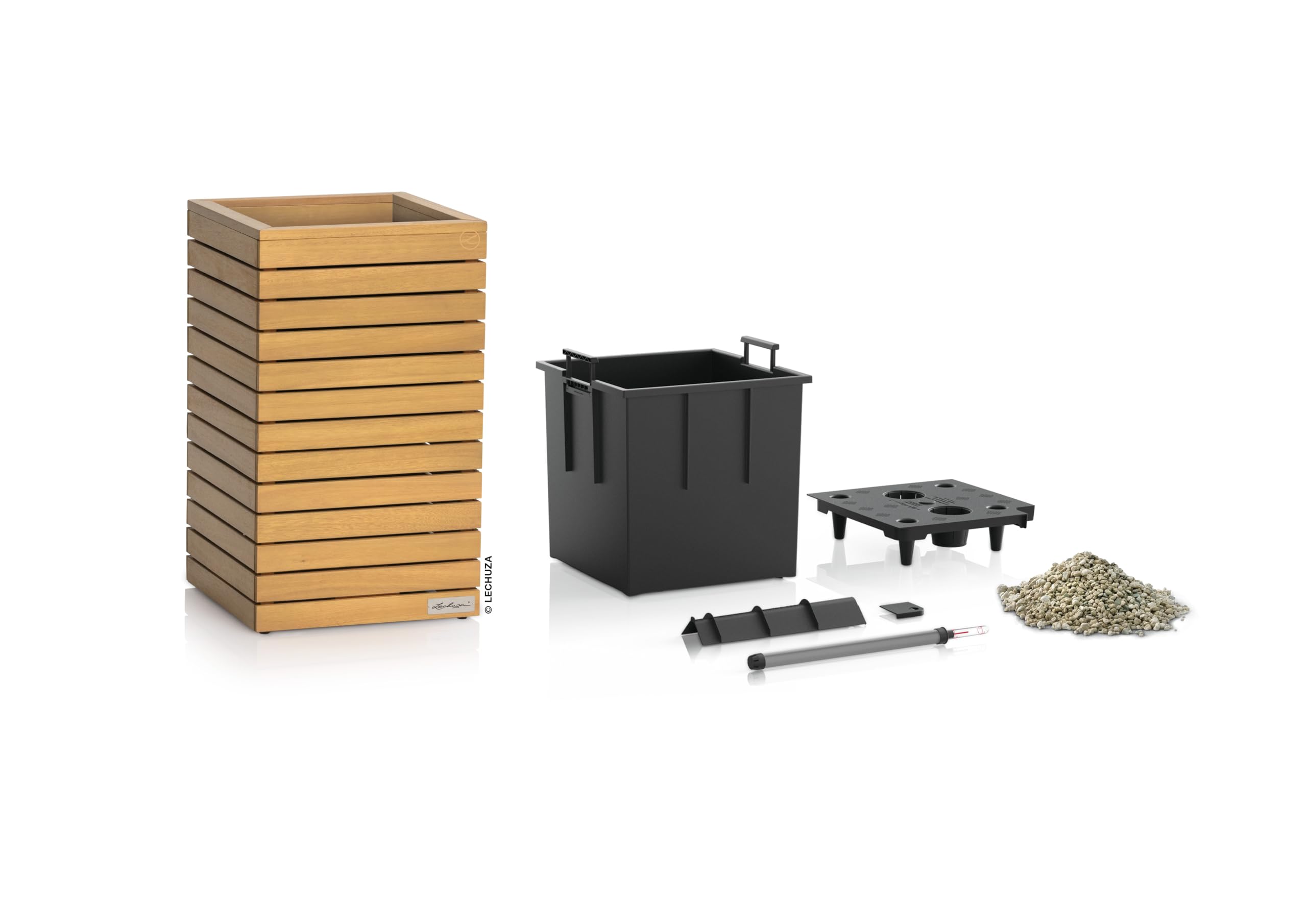 Lechuza - Vaso per piante Palo Natural Wood 35 alto, in legno di eucalipto, con sistema di irrigazione, indicatore del livello dell'acqua e inserto per piante, superficie in vero legno, 34,5 x 34,5 x