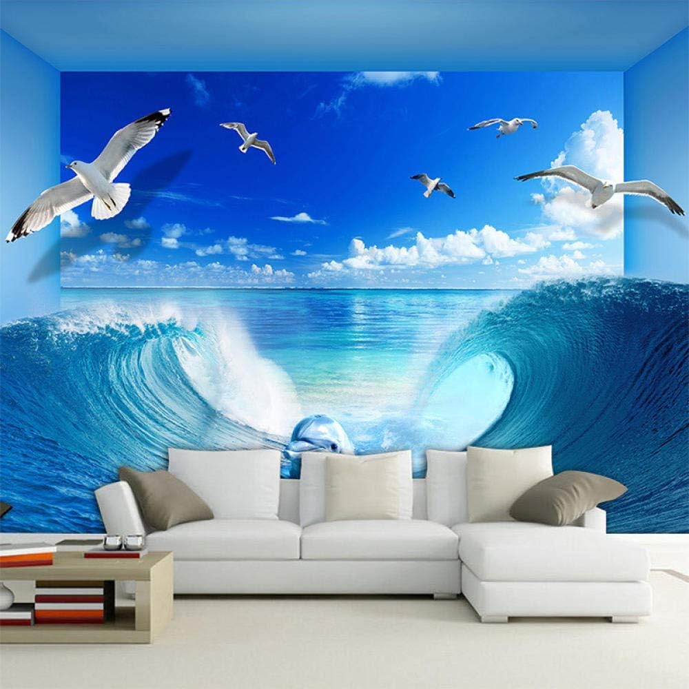 Papier peint 3D dauphins pour agrandir une petite pièce et illuminer un mur sombre
