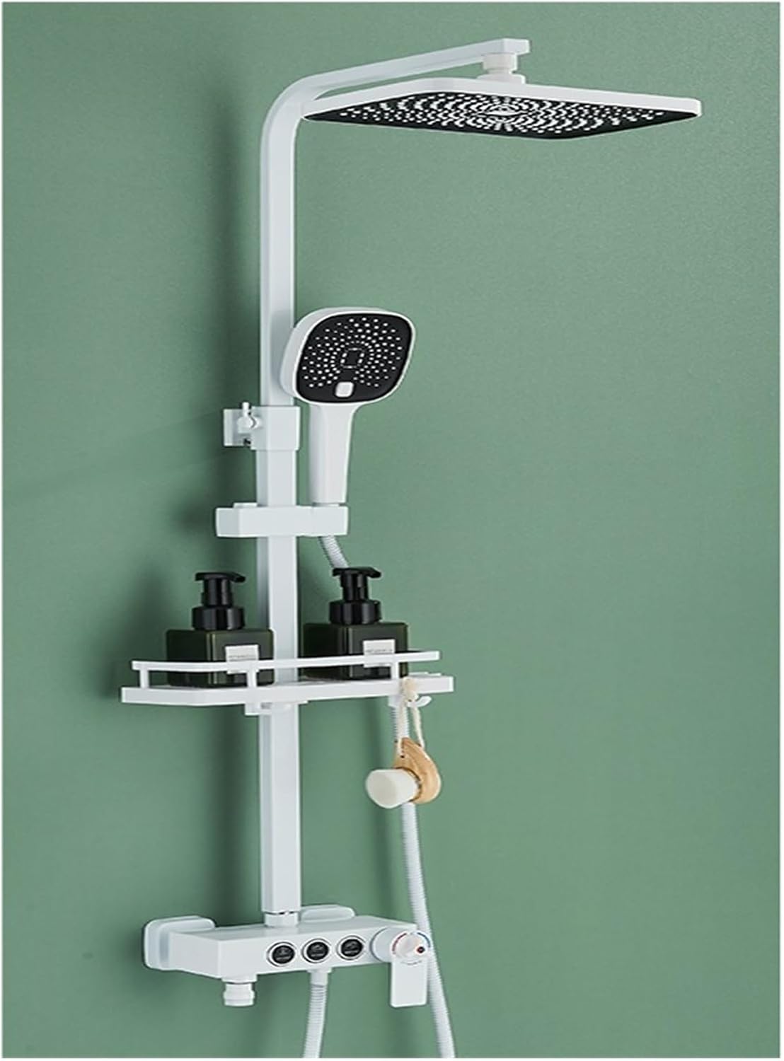 Thermostatic Shower Mixer Set Grey Black Thermostatic LCD Shower Faucet Set Temperature Display Rainfall Bathtub Tap with Bathroom Shelf Electricity by Water (White 3 Thermost 1)