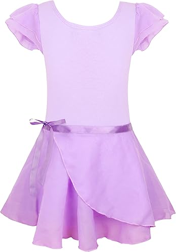 EQSJIU Leotardos de ballet para niñas con falda extraíble, combo de vestido de ballet con mangas con volantes, traje de ballet de 2 a 12 años