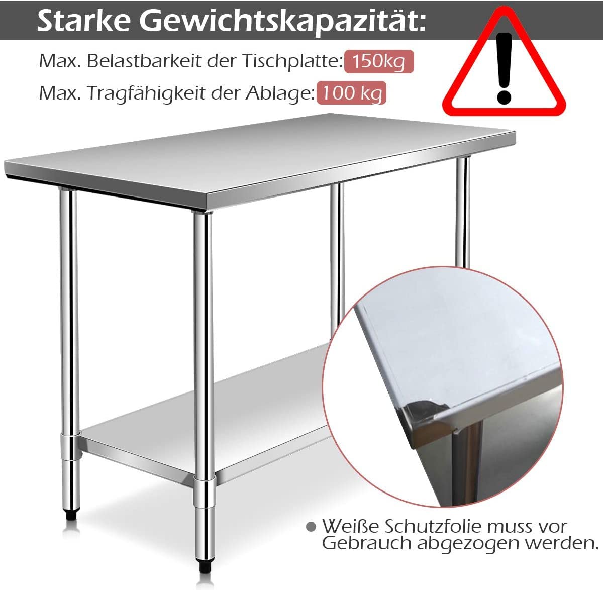 COSTWAY Edelstahl Küchentisch Arbeitstisch, Edelstahltisch mit Höhenverstellbarer Ablage, Zubereitungstisch Gastro Tisch, Ablagetisch für Küche Restaurant, Silber (122 x 61x 90cm)