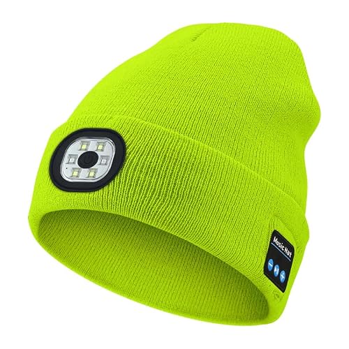 BCJMKDX winter hat, Bluetooth Beanie Hat with LED Light,USB Rechargeable Caps,Hands Free Headlamp Knitted(Fluorescent Green)