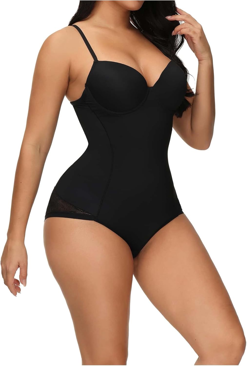 WDIRARA Women's Tummy Control Cami Bodysuit Floral Mesh Sheer Sleeveless Open Back Shapewear - Image 5