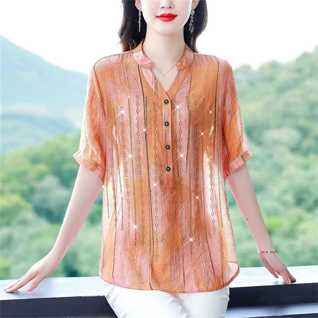 Top estivo da donna in chiffon stampato, scollo a V, ampio, con stampa a diamante, sottile