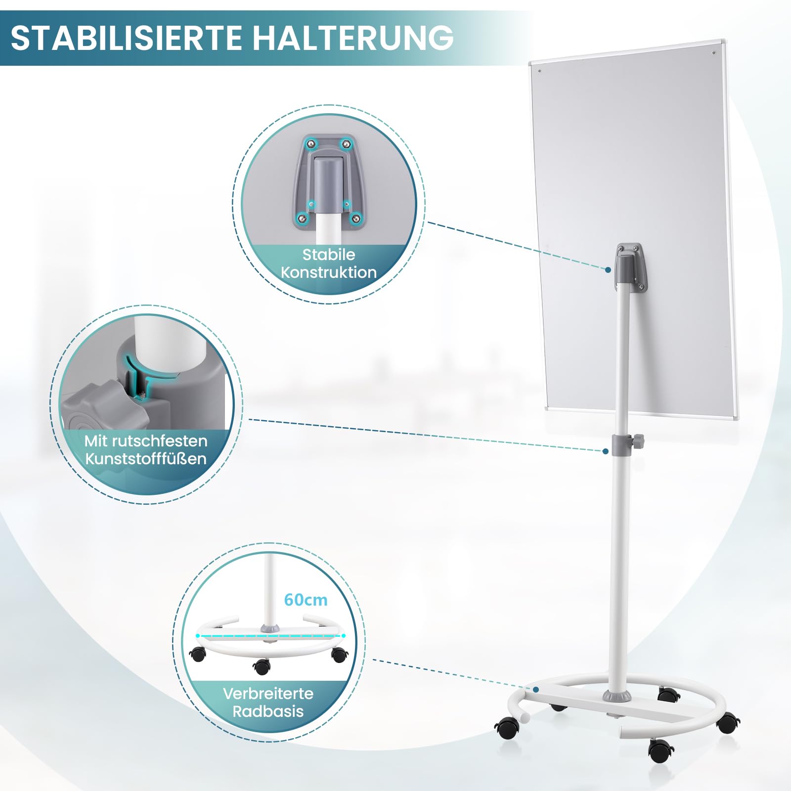 MAKELLO Flipchart Ständer 100x65cm Whiteboard mit Rollen, Höhenverstellbar | Rundfuß mit 5 Feststellbaren, Magnethaftend, Trocken Abwischbar, Inkl.20 Blatt Flipchartblock, Whiteboard Magnetisch für Büro