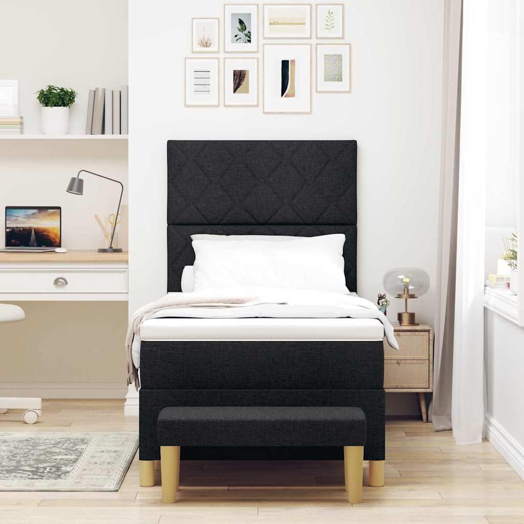 Lit à sommier tapissier avec matelas, noir, 90 x 200 cm, housse en tissu, lit simple, cadre en bois, ensemble complet pour chambre à coucher