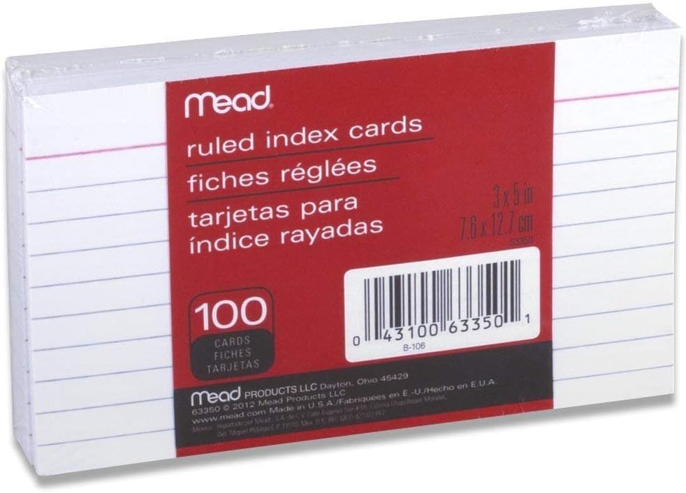 Mead Index Cards, Spiral, Ruled, 3" x 5", White, Blank