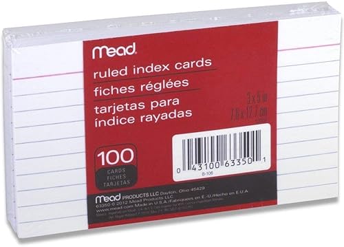 Tarjetas índice Mead 3 x 5 pulgadas, con renglones, 100 unidades, color blanco (63350) paquete de 6