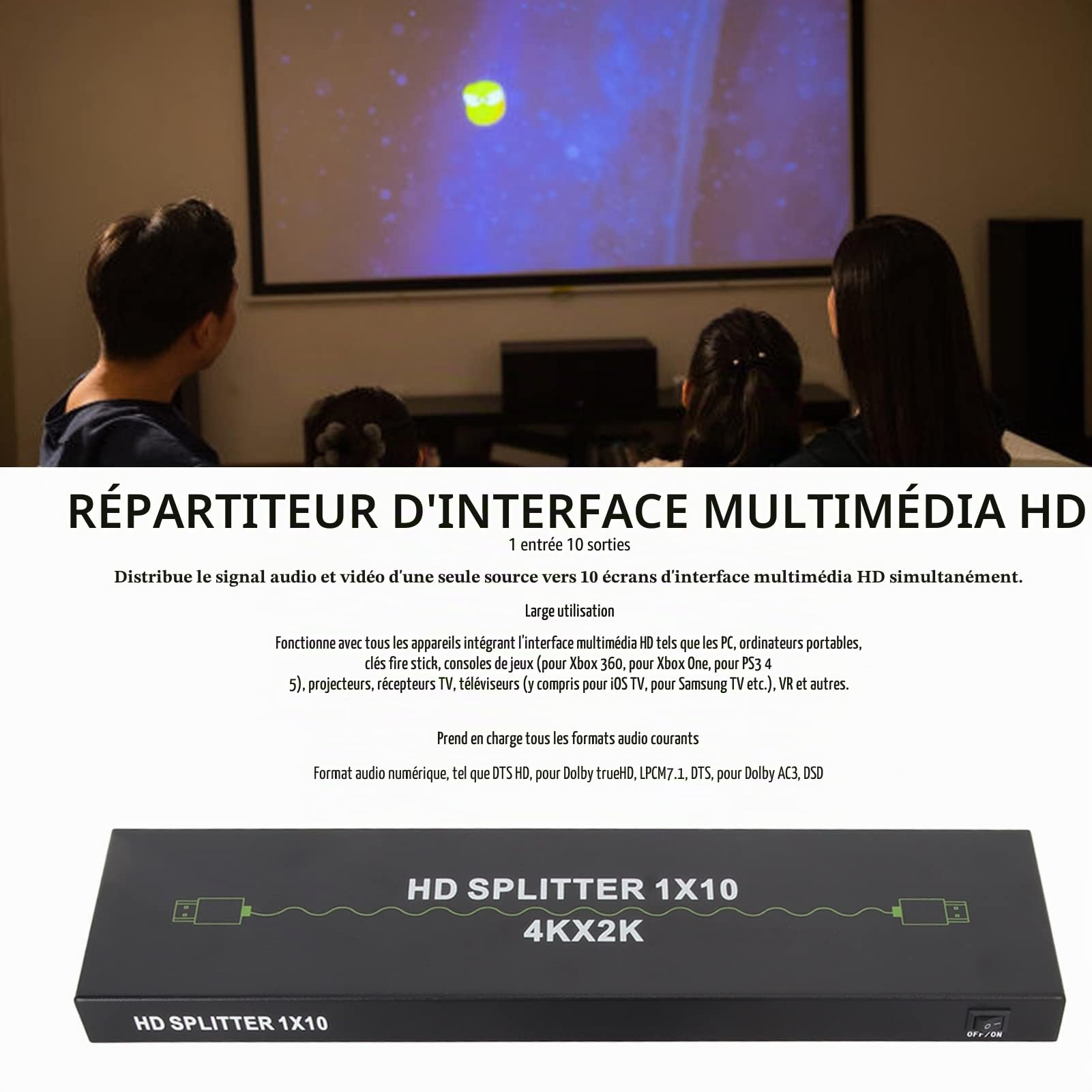 Commutateur HDMI 1 en 10 Sorties 4K UHD HDMI Switcher Splitter, 1x10 HDMI Switch Box Hub Support 4K 30Hz 3D 1080P, pour PS5 pour pour PS3 pour TV PC (Prise UE)