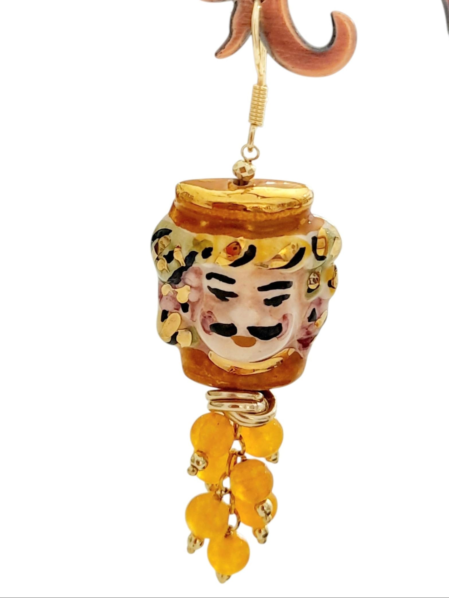 Pendientes Moor's Heads de cerámica Caltagirone con perla turquesa y esmalte dorado