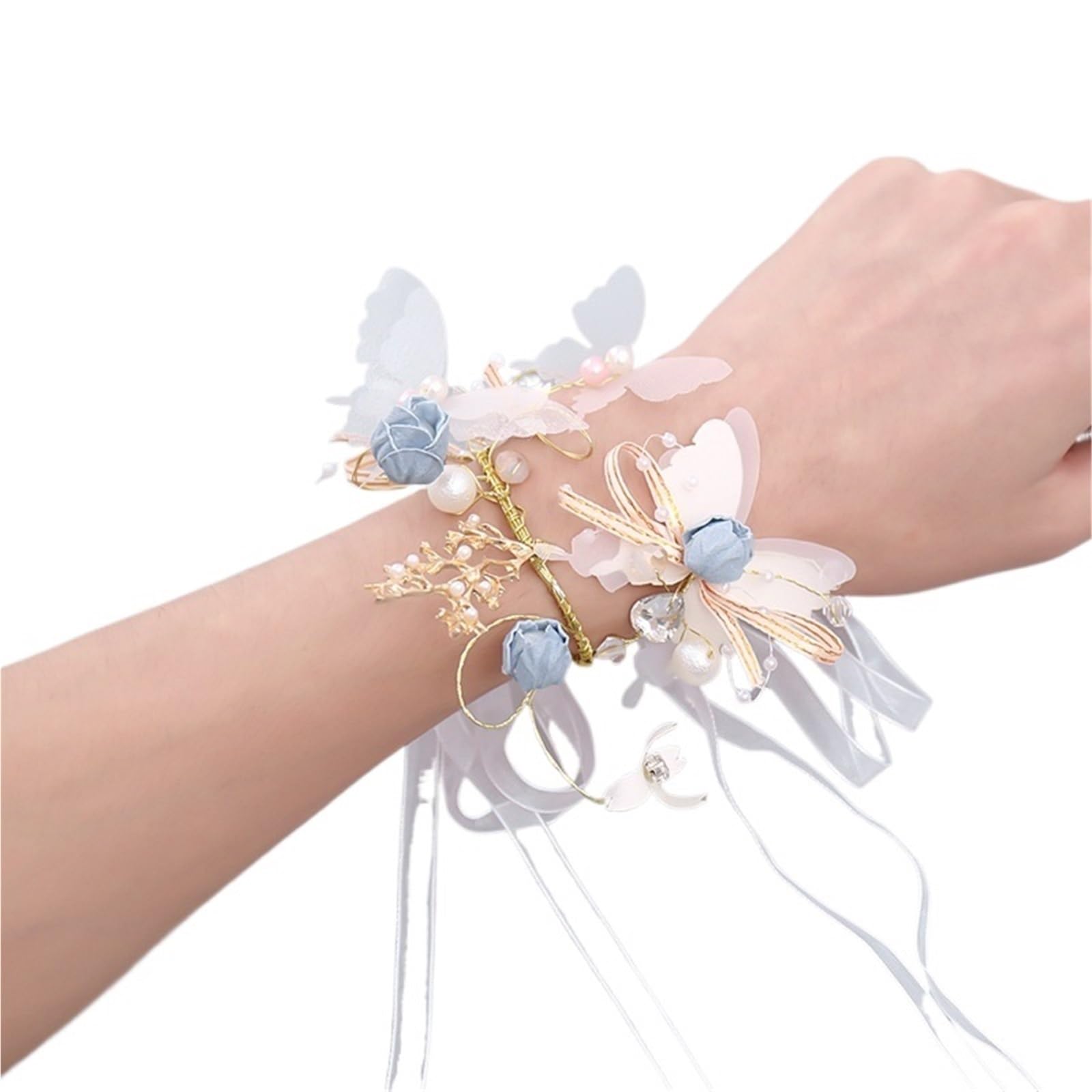 4pc Wedding Wrist Bridesmaid Silk Rose Flower Party Prom Fabric Hand Flowers Boutonniere(B)