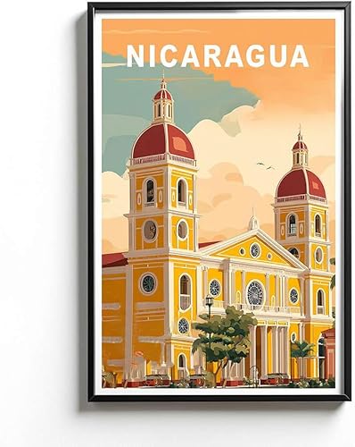 KiKi8xyBox Nicaragua - Póster de viaje  Arte de pared retro con arquitectura de iglesia colonial con colores brillantes  Impresión de estilo vintage