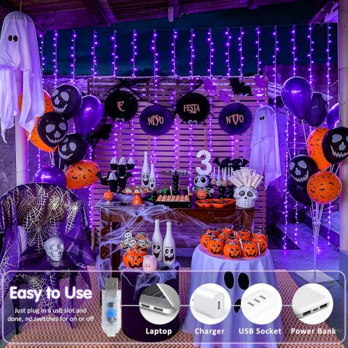 Image of JMEXSUSS 200 LED USB Purple Halloween Lights, 6.5ft x 6.5ft | Halloween Curtain Lights with Remote, 8 Modes Purple Curtain String Lights for Bedroom Party Halloween Decorations