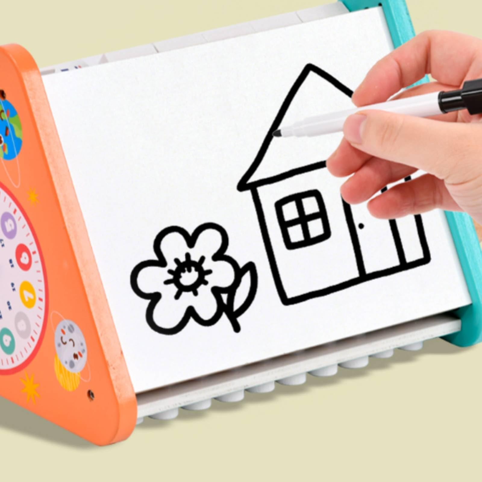 MagiDeal Reloj de Aprendizaje para Niños Tablero Educativo Abaco Pizarra Marcadores Letras Madera Multifunción con Agujas Ajustables y Base Triangular Adecuado para Aula Hogar Viajes