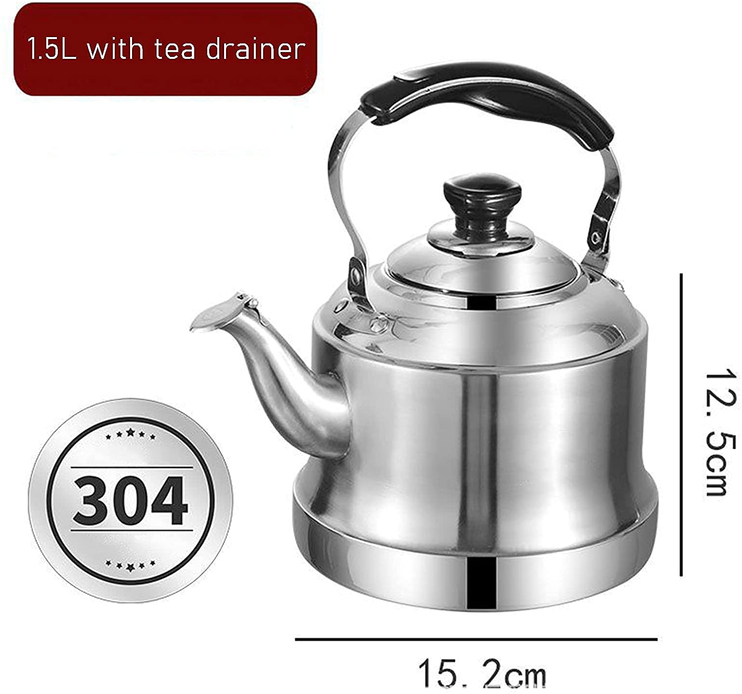 SHISHI Kettle Stove Kettle, théière en Acier Inoxydable de 1,5L / 2L / 5L, adaptée à la Plupart des poêles (Size : 1.5L)