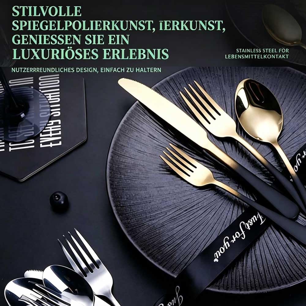 6 Personen Besteck Set 30-teilig, 304 Edelstahl, Matt-Schwarz Griff, Hochglanzpoliert Silber